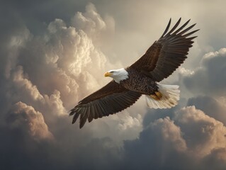 Obraz premium Majestic bird soars effortlessly through dramatic, stormy clouds with outstretched wings, showcasing freedom and the thrill of flight.