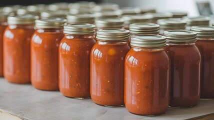 Rows of freshly canned homemade tomato sauce in glass jars, cooling upside down on a table. Traditional food preservation process for making winter preparations.