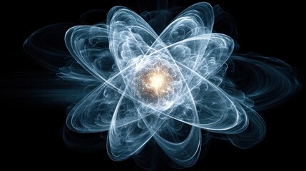 Abstract Glowing Atom Structure with Orbital Paths. Scientific Concept of Quantum Physics, Energy, Research & Technology.
