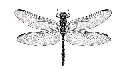 Detailed illustration of a dragonfly with transparent wings and intricate body details against a white background