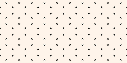 Vector minimalist seamless pattern with tiny black arrows on white background. Simple geometric texture with small chevron shapes. Subtle monochrome abstract ornament. Repeat design for decor, print