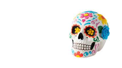 Colorful decorative sugar skull with floral designs on white background  