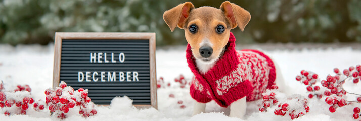 Cute jack russell terrier puppy in red sweater sitting in snow beside hello december sign and berries
