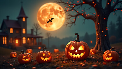 Jack-o'-lanterns glowing in the dark with fog and eerie lighting with a great full moon in background
