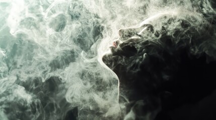 Woman exhaling breath with white smoke and light