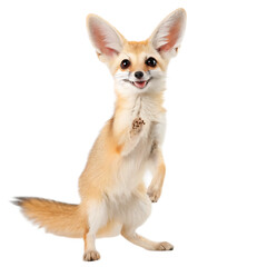Obraz premium A fennec fox standing on its hind legs with its paw raised against a black background in a studio shot