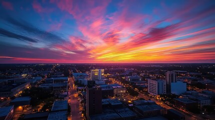City skyline experiencing dramatic sunset with vibrant clouds