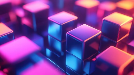Abstract glowing neon cubes reflecting futuristic digital background