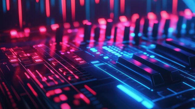 Dj mixing console glowing with cyberpunk neon lights