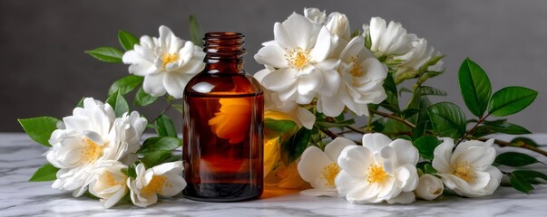 Brown Bottle of Essential Oil Surrounded by Fresh White Flowers and Green Leaves on a Marble Surface