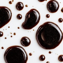 Close-up shot of scattered dark liquid drops forming various shapes and sizes. Reflective surface of droplets showcase the light