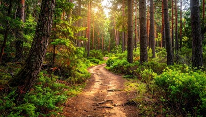 Fototapeta premium Forest Path with Sunlit Trees and Green Foliage Trail Through Dense Woodland Scene in Natural Light Serene Wilderness Environment with Tall Trees and Green Plants