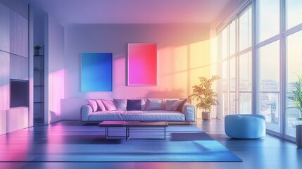 Modern living room interior with vivid gradient colors