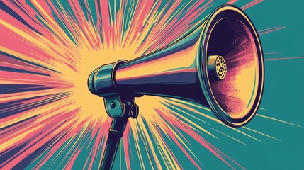 Megaphone broadcasting announcement displaying pop art sound rays