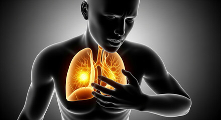 3D medical illustration of a man clutching his chest in pain, with glowing orange lungs highlighting a respiratory disease like cancer, pneumonia, or infection on a dark background.