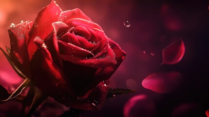 Red rose flower with water drops and falling petals