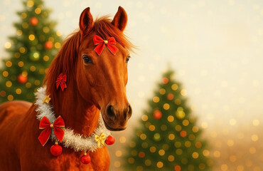 Portrait of a red horse in a green decorative New Year's wreath, holiday card for the new year with the symbol of 2026