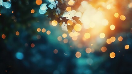 Autumn leaves blurring with warm sun bokeh lights