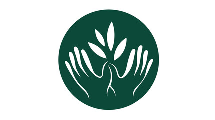 Green circle icon with two hands gently holding a growing plant sprout and roots, symbolizing nature, care, growth, and environmental sustainability.