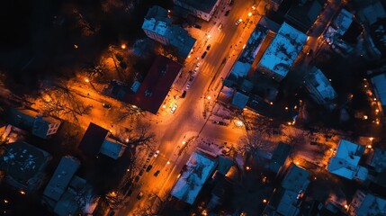 Urban city street intersection at night, aerial view