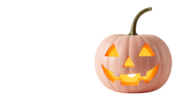 Pastel Halloween pumpkin with carved face on white background  