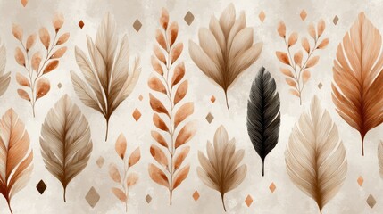 
Seamless boho pattern of stylized leaf and feather shapes, representing abstract nature in warm earth tone for a bohemian design
