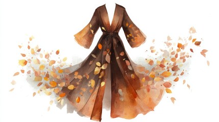 Watercolor kimono-style dress with leaves flowing from the hem, representing the elegance and warm color of the autumn season