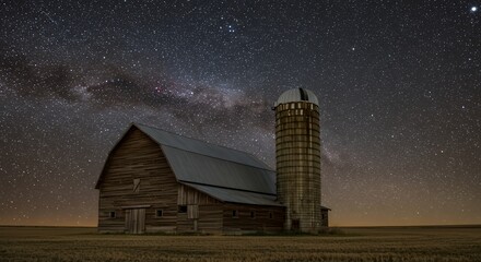 Nighttime rural landscape with wooden barn and silo under a starry sky