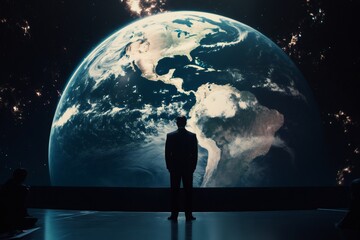 Man observing earth, contemplating global future and innovation
