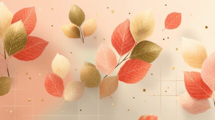 Bright seamless pattern with minimalist style leaf and gold elements, representing a soft and elegant autumn or fall season