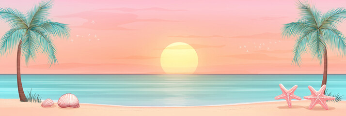 Cute cartoon vector illustration in flat style of Sandy beach with shells, starfish,straw hat , Landscape and rising sun in the sky with soft pastel colors summer dawn.