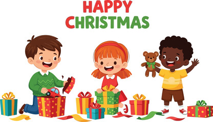 Children joyfully open christmas presents with happy smiles