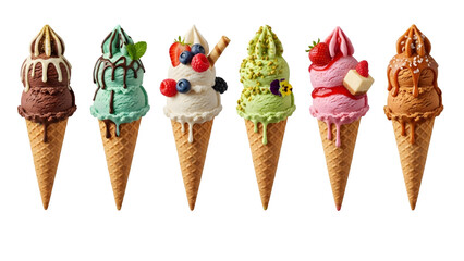 Ice cream cones on isolated background. Generative AI, collection of delicious ice cream in waffle cone, isolated on transparent background cutout, png different flavors mockup for design