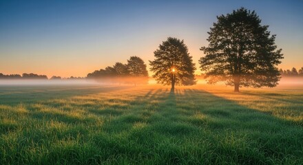 Fototapeta premium Golden sunlight illuminating trees in a misty green field at dawn