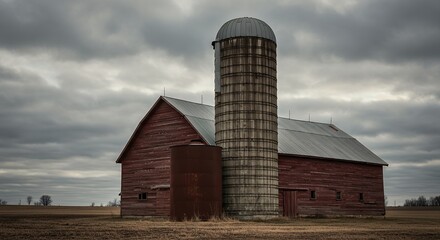 Rustic red barn and silo under overcast sky agricultural landscape architectural imagery