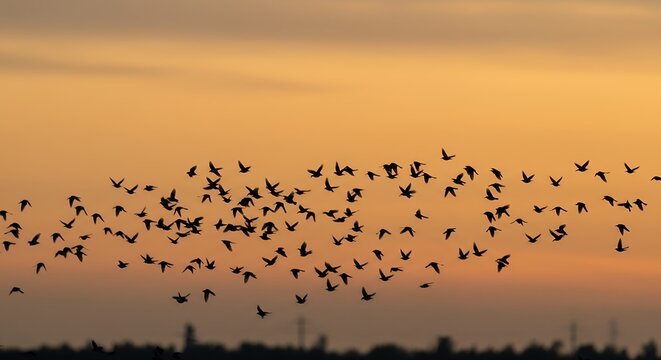 Silhouette of a flock of birds soaring against a sunset sky - Powered by Adobe