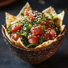 A poke taco with marinated tuna, seaweed salad, and sesame seeds in a crispy wonton shell