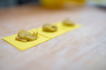 Preparing homemade pasta dough with fresh filling for delicious ravioli a delightful culinary experience in the kitchen
