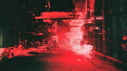 Digital data glitching revealing abstract red cyberspace