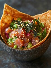 A poke taco with marinated tuna, seaweed salad, and sesame seeds in a crispy wonton shell
