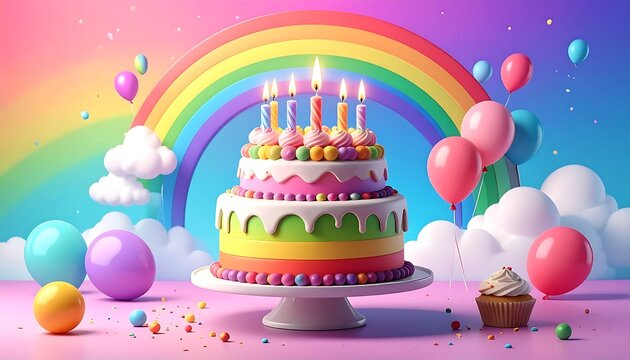Colorful birthday cake scene with rainbow and balloons - Powered by Adobe