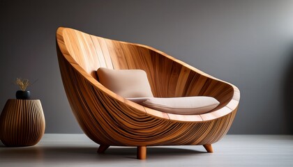 Fototapeta premium a stylish lounge chair features a flowing shape and warm wood finish presented on a simple grey background