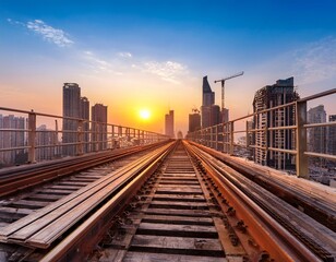 Obraz premium elevated train track under construction during sunrise showcasing city skyline