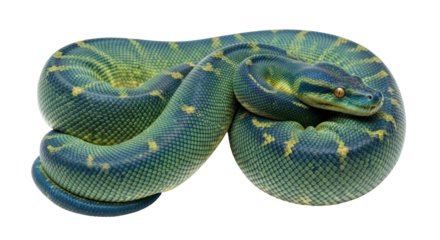 Isolated Green Tree Python coiled up, close-up wildlife exotic animal photography