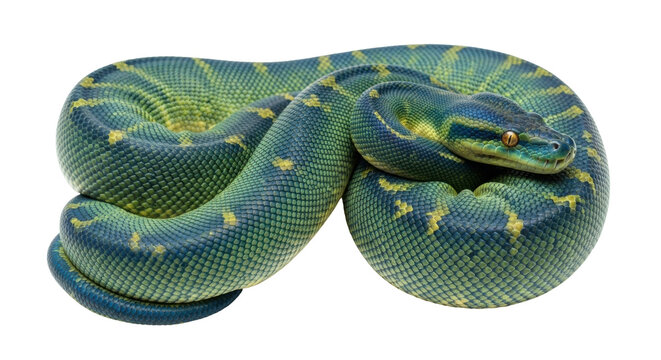 Isolated Green Tree Python coiled up, close-up wildlife exotic animal photography