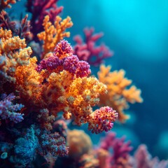 Vivid and colorful depiction of underwater coral formations, displaying a rich palette of orange, pink, and purple hues against a soft, blurred blue backdrop, creating a sense of depth and...