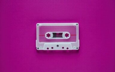 Fototapeta premium A white cassette tape on a bright pink background