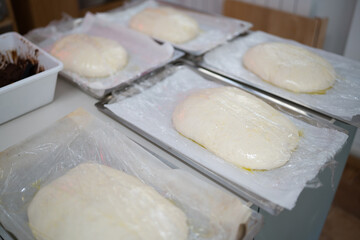 Freshly Prepared Oval Shaped Dough Portions Ready for Baking on Parchment Paper Lined Trays