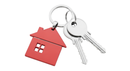Isolated keys with house keychain on metal keyring concept of new home or real estate deal