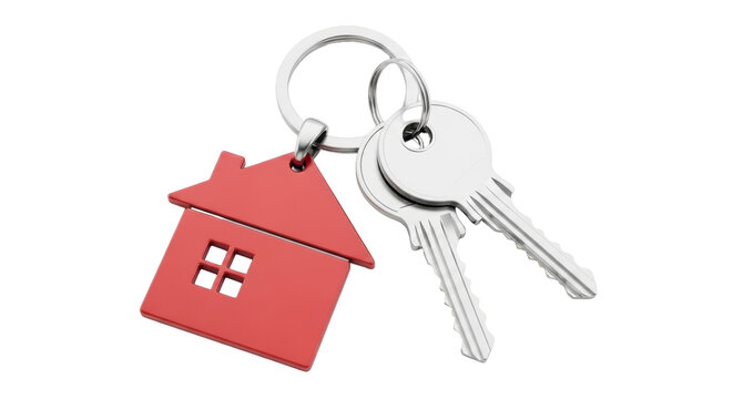 Isolated keys with house keychain on metal keyring concept of new home or real estate deal